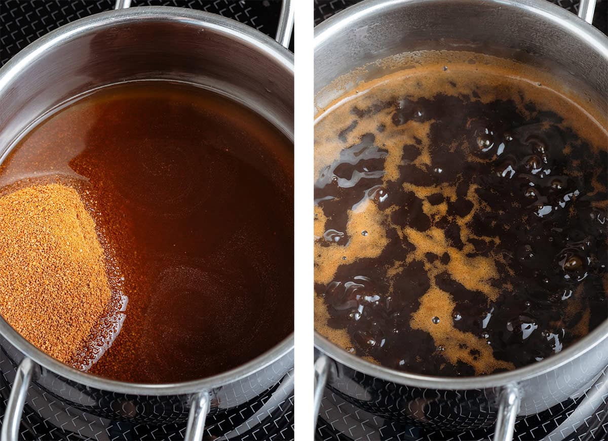 Coconut sugar and water simmering in a small pot on the stove.