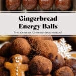 Energy balls rolled in cocoa powder stacked on a small beige plate garnished with mini gingerbread cookies.