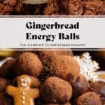Energy balls rolled in cocoa powder stacked on a small beige plate garnished with mini gingerbread cookies.
