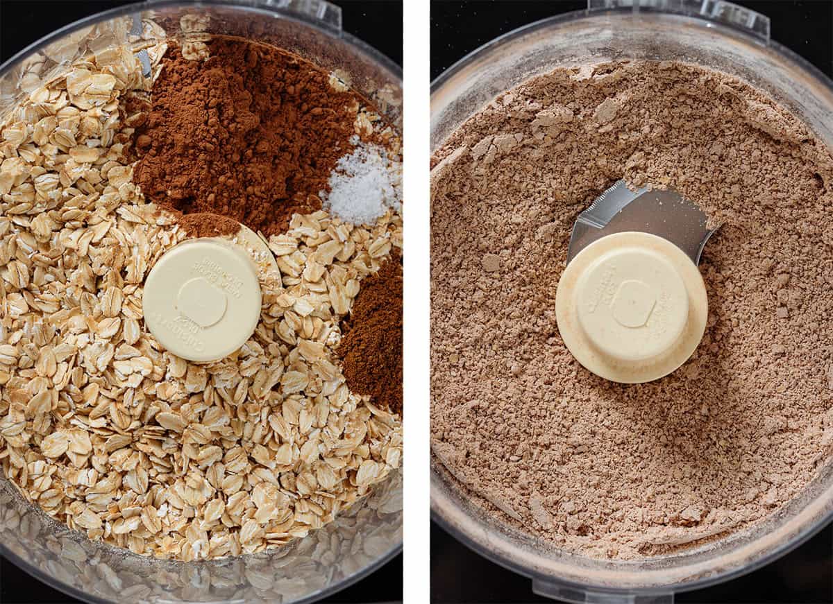 A food processor with rolled oats, cacao powder, and sea salt before and after blending them into flour.