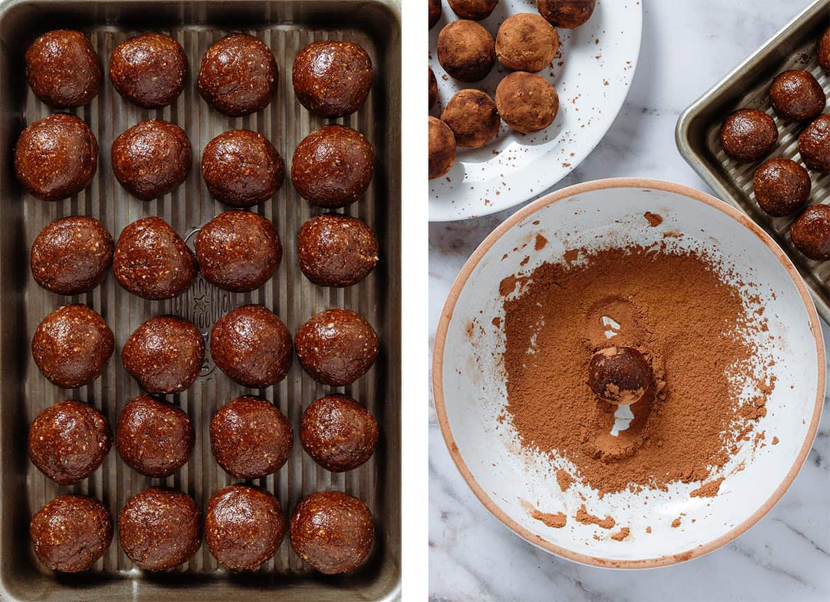 Gingerbread energy balls on a small baking sheet on the left and the balls being rolled in cacao powder in a white bowl on the right.