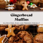 Gingerbread muffins on a gold cooling rack with gingerbread cookies in between them with the muffins in the middle broken in half to show the fluffy inside.