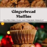 Gingerbread muffins on a gold cooling rack with gingerbread cookies in between them on the top and two of the muffins stacked on the bottom.