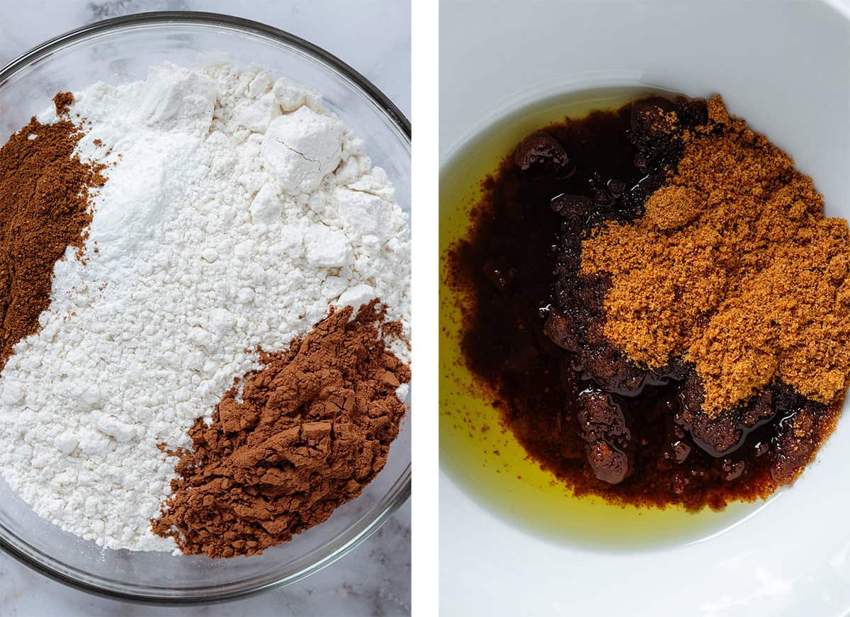 Flour, spices, and baking powder in a glass bowl on the left and white bowl with brown sugar and avocado oil.