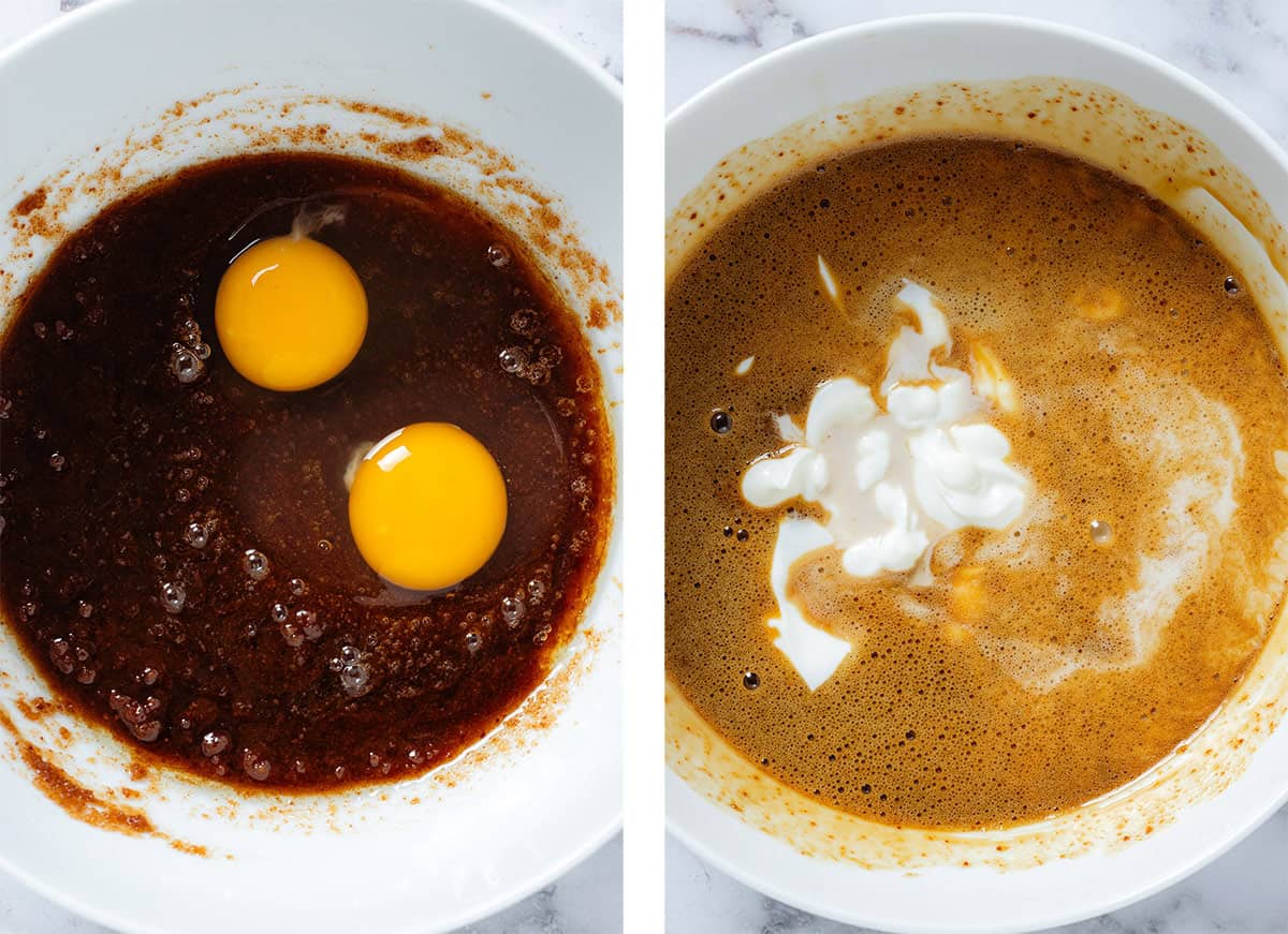 Eggs added to a white bowl of whisked sugar and oil on the left and with added milk and yogurt on the right.