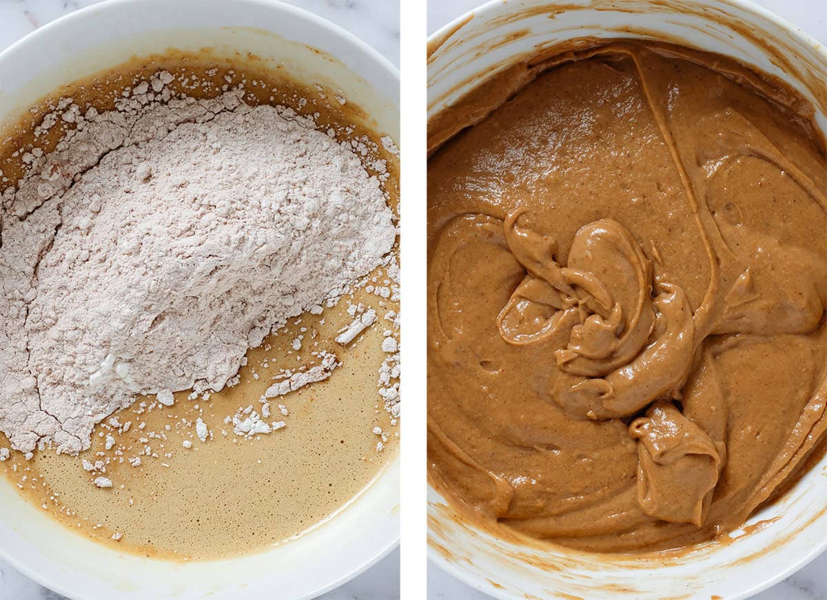 Wet ingredients in a white bowl with dry ingredients added on the left and whisked in to form batter on the right.
