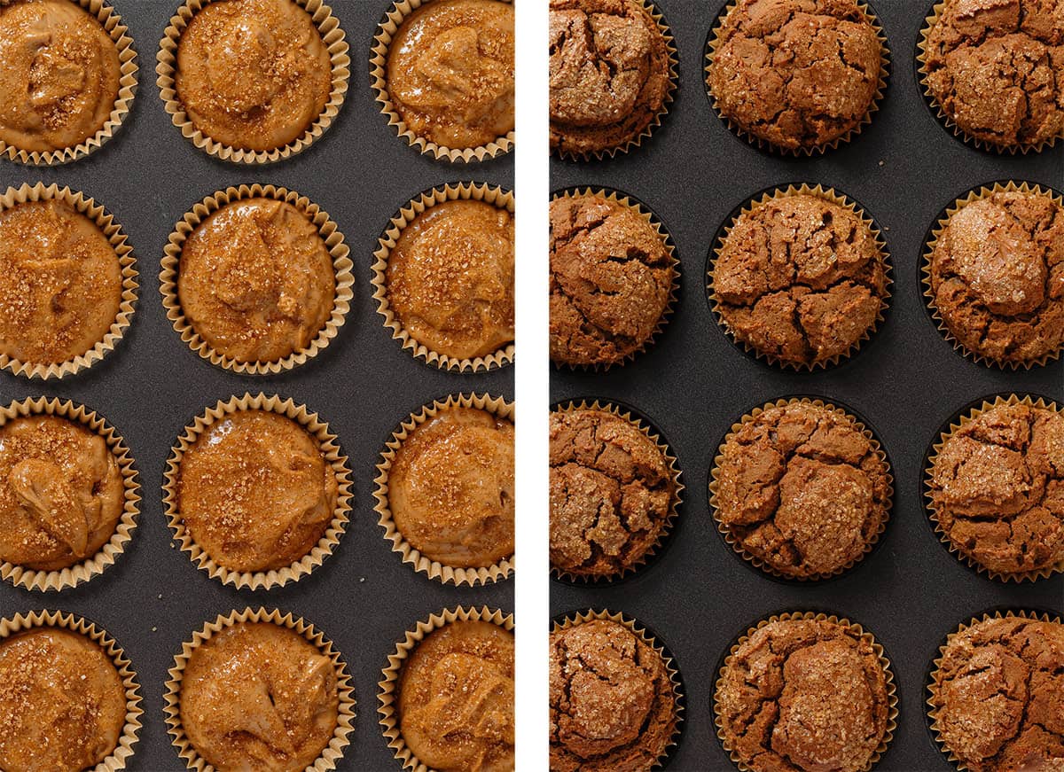 Gingerbread muffins sprinkled with turbinado sugar in a muffin pan before and after baking.