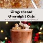 Gingerbread overnight oats in a stemmed red glass garnished with a mini gingerbread man and a hand scooping up the oatmeal with a spoon.