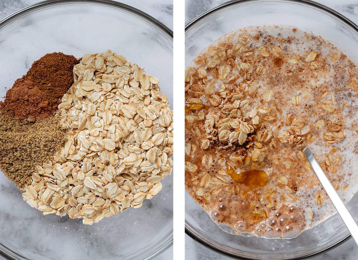 Rolled oats, gingerbread spice, and ground flax in a glass bowl mixed with milk and honey.