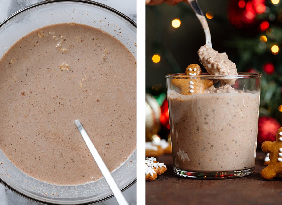 Oats soaking in milk, spices, and maple syrup in a glass bowl and it spooned into a short glass the next day.