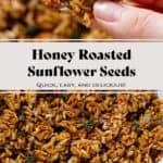 Golden honey roasted sunflower seed clusters garnished with fresh thyme in a white bowl with a beige rim and a hand grabbing a cluster.