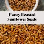 Golden honey roasted sunflower seed clusters garnished with fresh thyme in a white bowl with a beige rim.