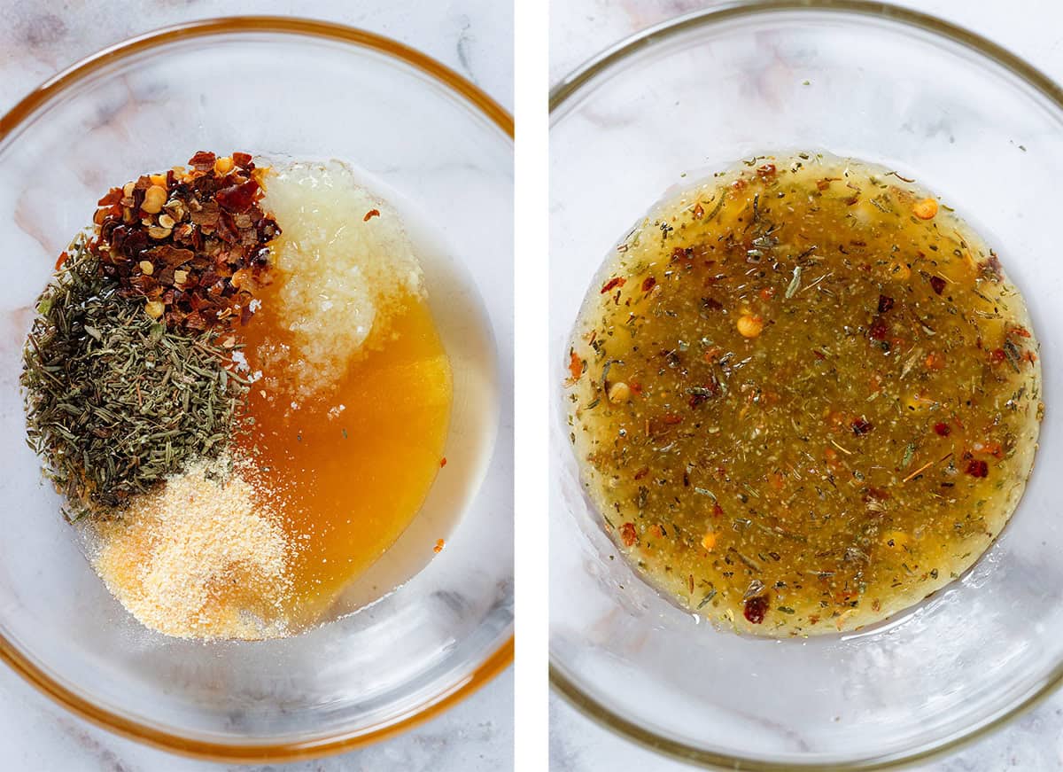Oil, honey, garlic powder, dried thyme, and red pepper flakes in a small glass bowl before and after whisking.