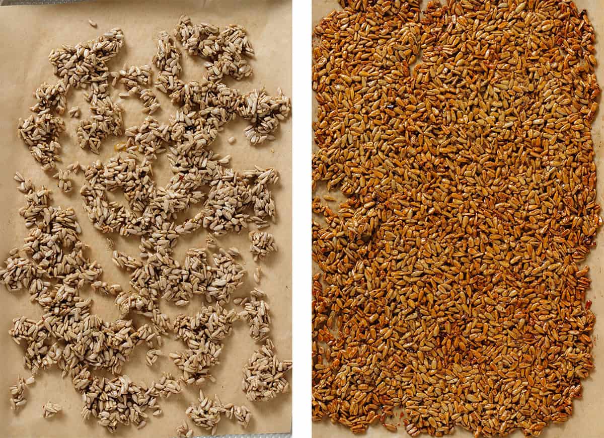 Sunflower seeds tossed with a mixture of of honey, oil and spices on a baking sheet with parchment paper before and after roasting.