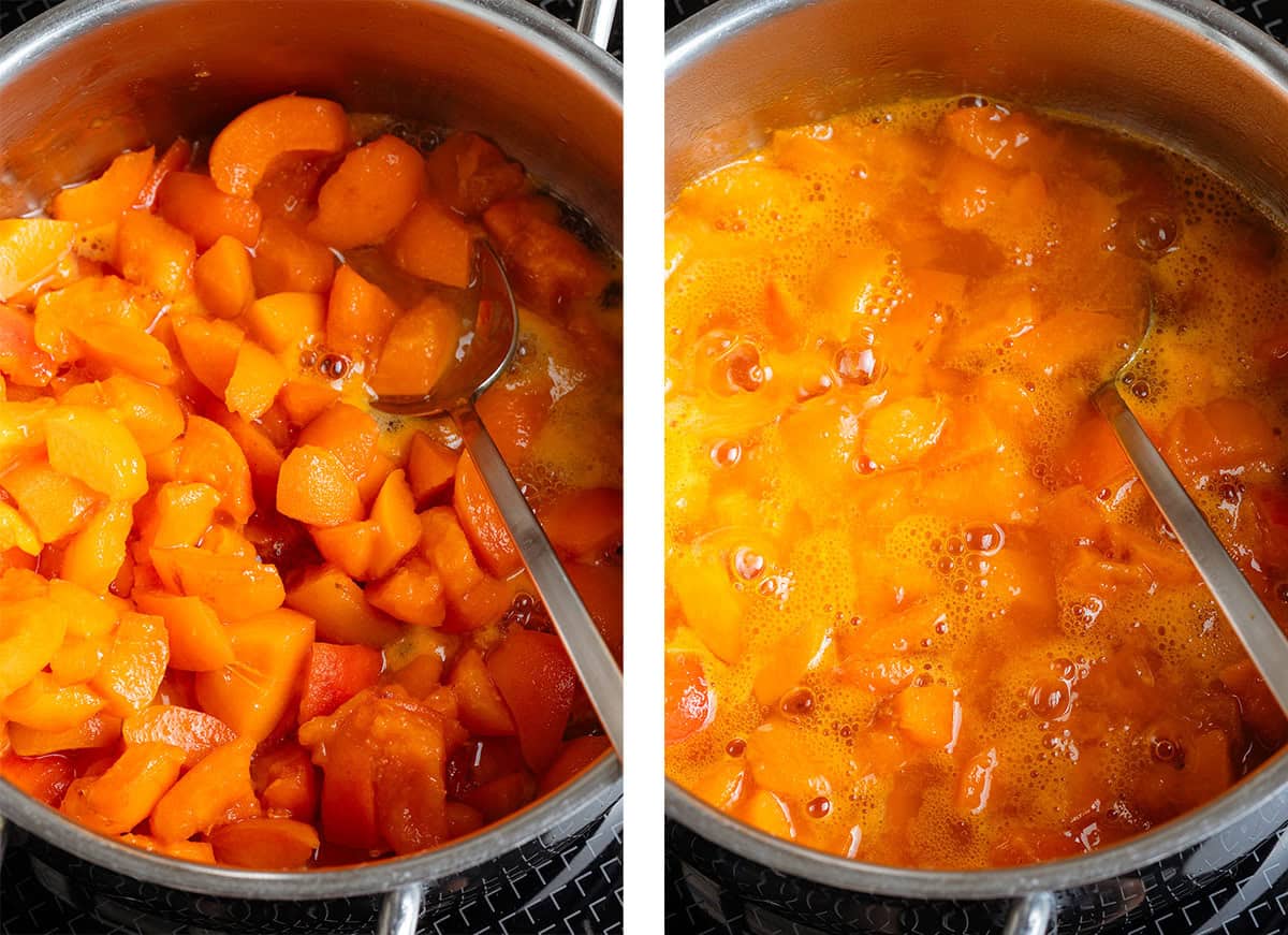 Diced apricots simmering on the stove at the start on the left and after releasing juices and becoming mushy on the right.
