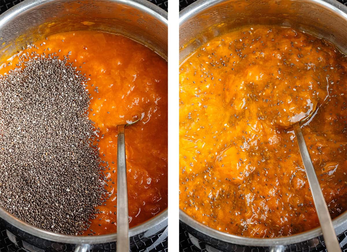 Apricot jam and chia seeds in a small pot on the stove before and after stirring together.