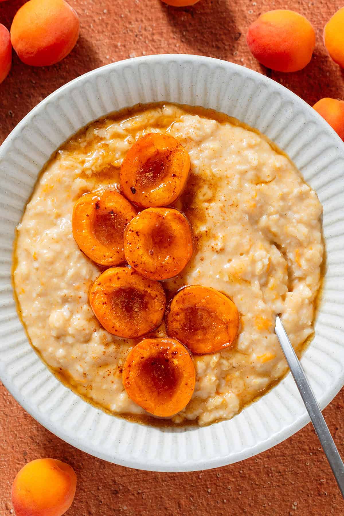 Creamy apricot oatmeal topped with caramelized apricot halves sprinkled with cinnamon in a ceramic bowl with apricots around it.