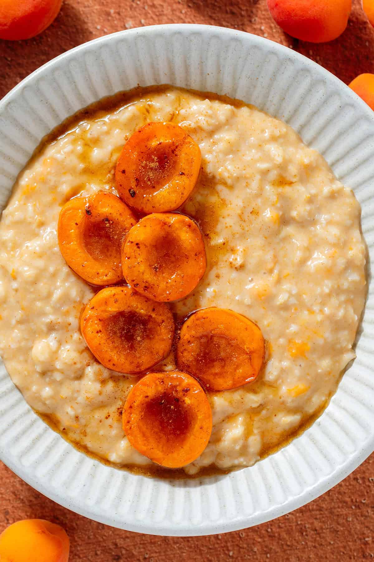 Creamy apricot oatmeal topped with caramelized apricot halves sprinkled with cinnamon in a ceramic bowl with fresh apricots around the bowl.