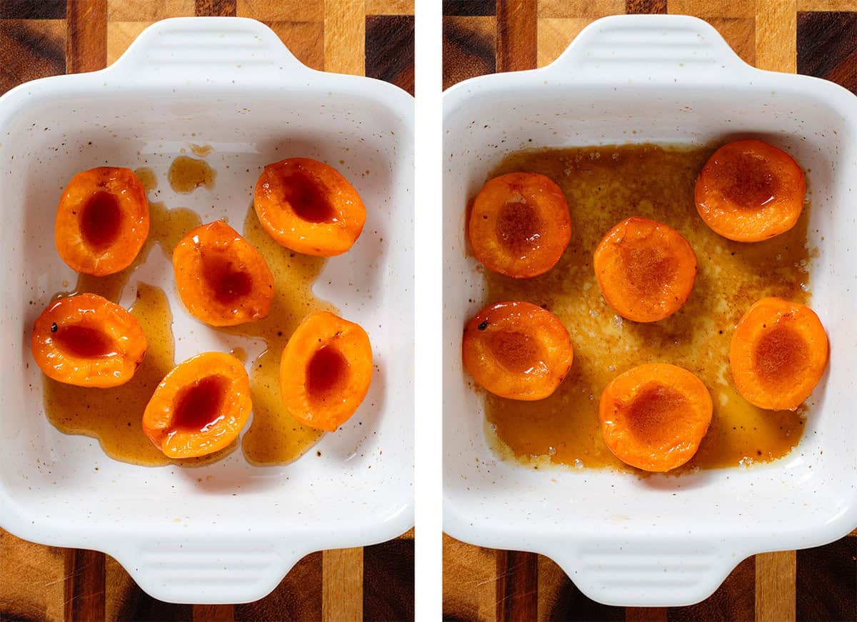Apricot halves in a small white baking dish drizzle with a maple syrup and butter mixture before and after baking.