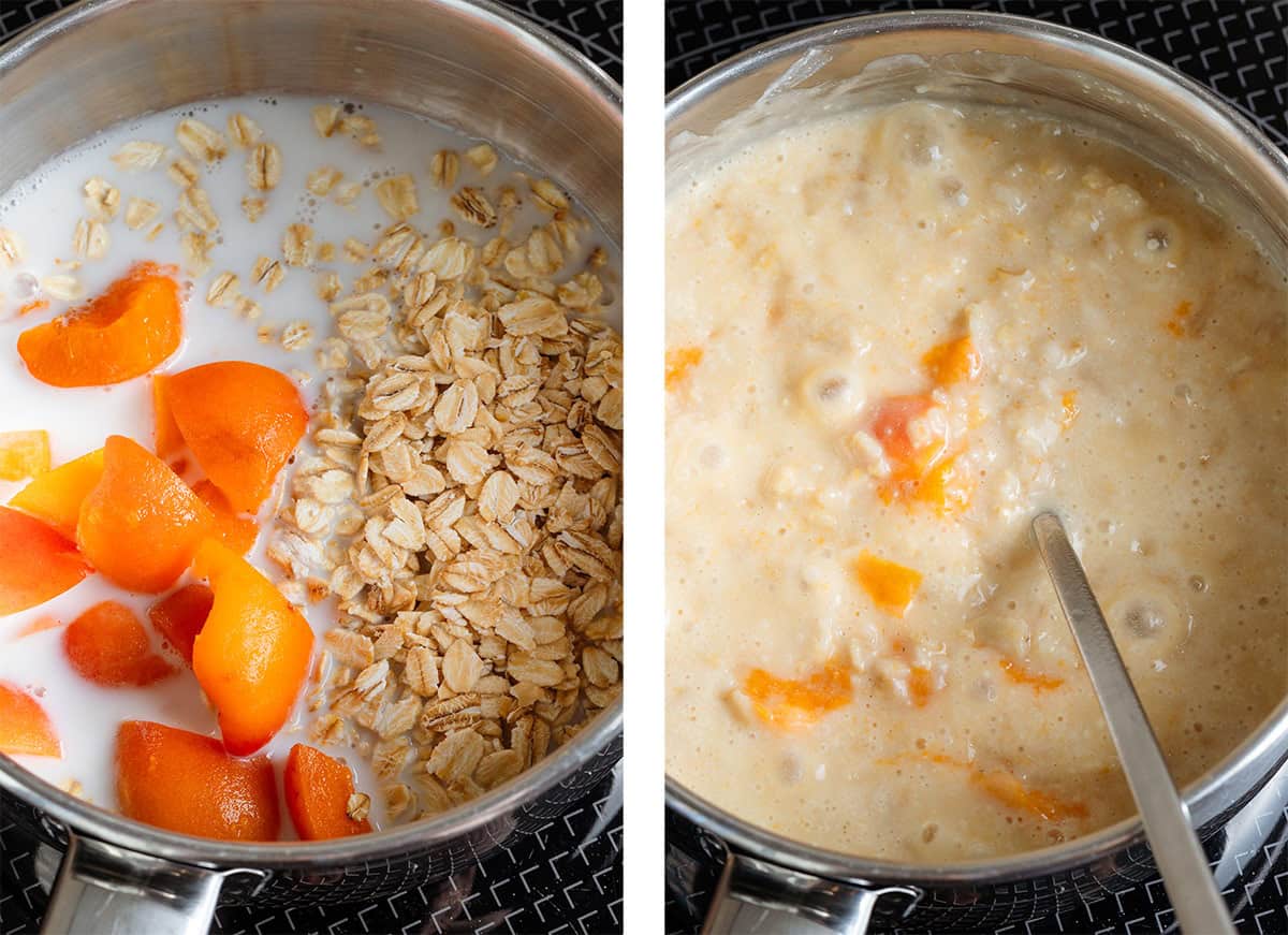 Oats, milk, and chopped apricots in a small saucepan on the left and simmering on the stove with a spoon on the right.