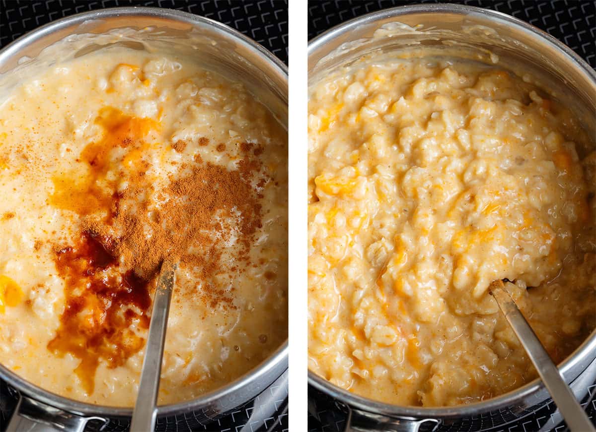Creamy apricot oatmeal in a small saucepan with added cinnamon and vanilla extract on the left and after stirring on the right.