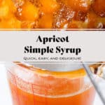 Apricot syrup simmering on top and the syrup in a glass measuring cup after straining on the bottom.