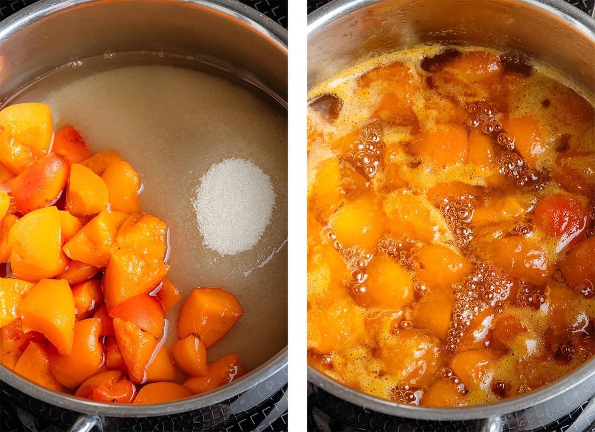 Diced apricots, cane sugar, and water in a small pot on the stove on the left, and the mixture simmering on the right.