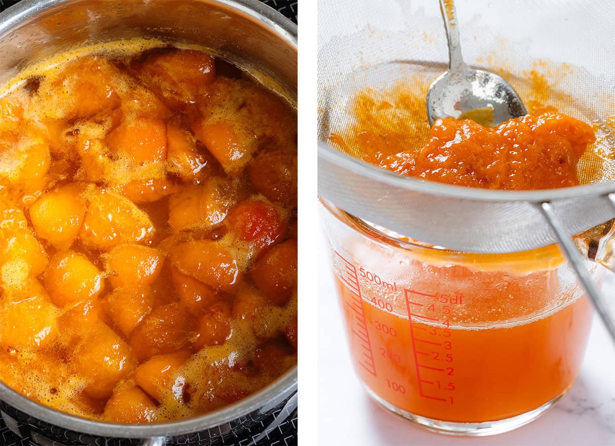 Apricot syrup after cooking in a small pot on the stove on the left and it being strained through a fine mesh strainer into a large glass measuring jar on the right.