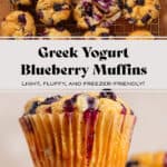 Two blueberry muffins stacked on the bottom and the same muffins on a cooling rack on top with text overlay.