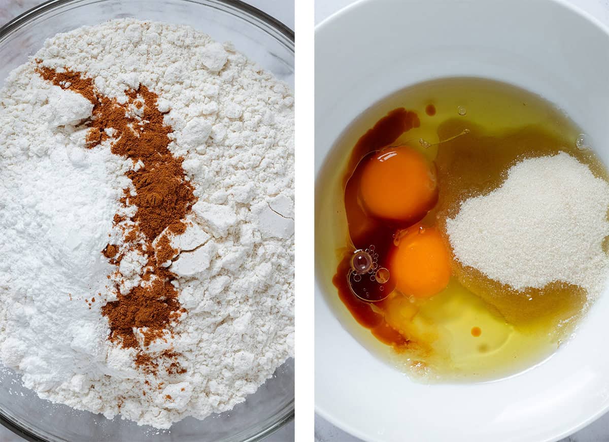 Flour, baking powder, and spices in a glass bowl on the left and eggs, sugar, and oil in a white bowl on the right.