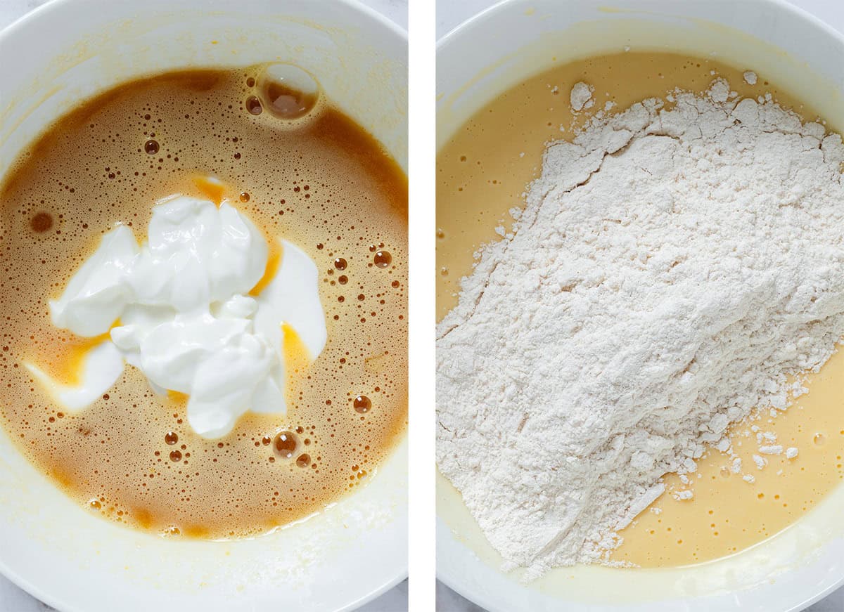 A large white bowl with wet ingredients with added Greek yogurt on the left, and with added dry ingredients on the right.