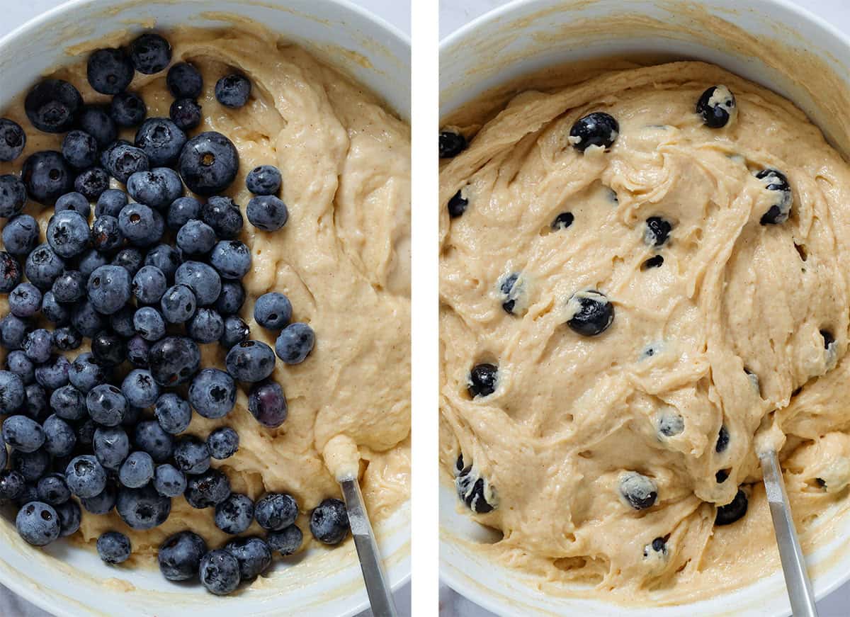 Muffin batter with fresh blueberries in a white bowl before and after folding them in with a spoon.