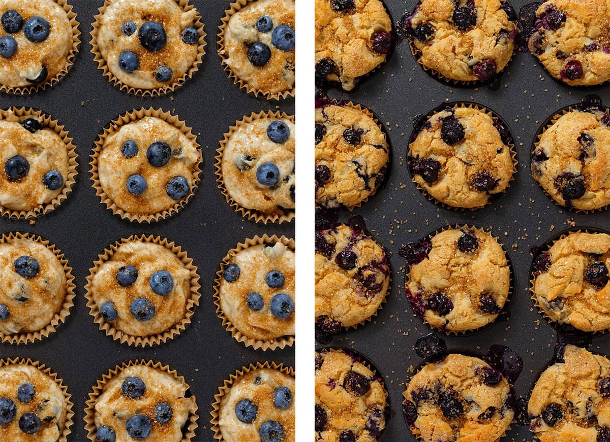 Blueberry muffins sprinkled with turbinado sugar in a muffin pan before and after baking.