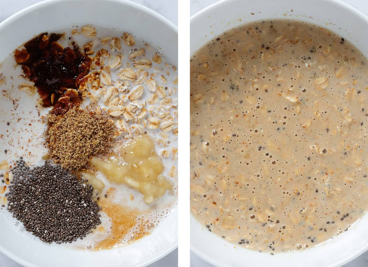 Rolled oats, ground flax, chia seeds, mashed banana, and brown sugar in a white bowl before and after mixing.