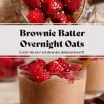 Chocolate overnight oats in a short glass garnished with fresh raspberries and seeds and with a gold spoon.