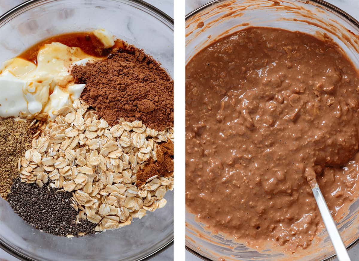 Rolled oats, yogurt, cacao powder, chia seeds, ground flax seeds, and cinnamon in a glass bowl before and after mixing.