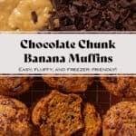 Muffin batter with chopped chocolate on top and baked muffins on the bottom with one sliced in half to show the fluffy inside.