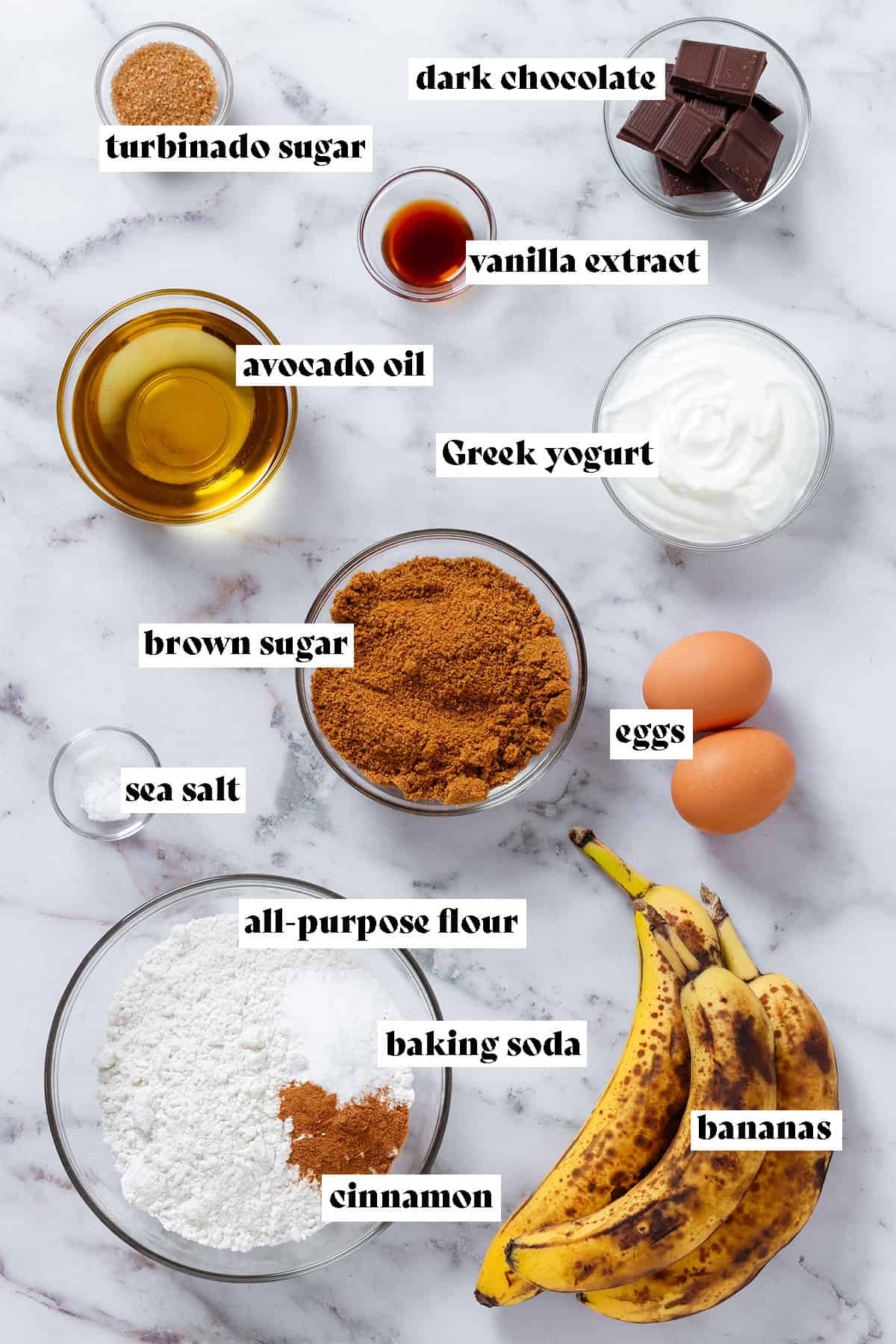 Ingredients like bananas and flour, spices, Greek yogurt, brown sugar, avocado oil, and dark chocolate in glass bowls with text overlay.