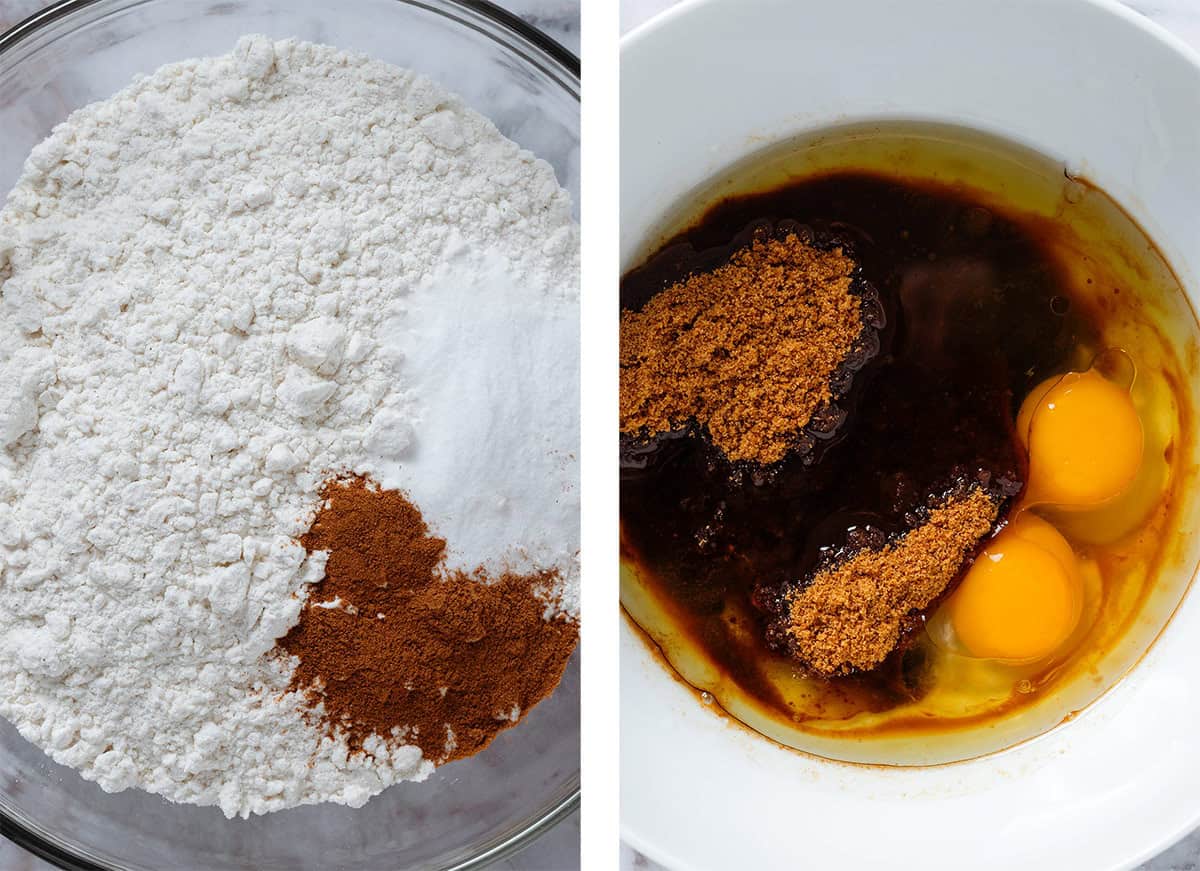 Dry ingredients in a glass bowl on the left and wet ingredients with brown sugar in a white bowl on the right.