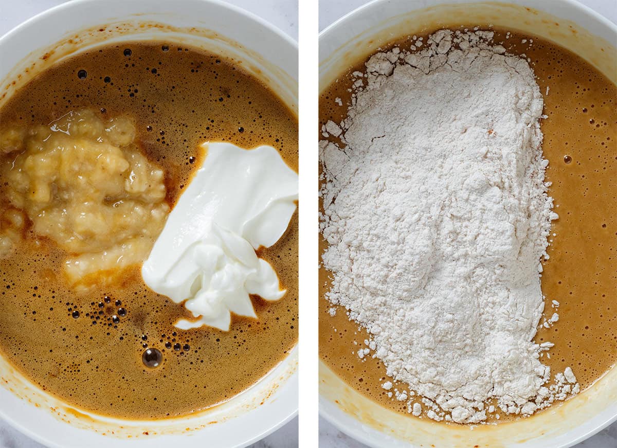 Whisked eggs, sugar, and oil on the left with added mashed banana and yogurt on the left and with added dry ingredients on the right.