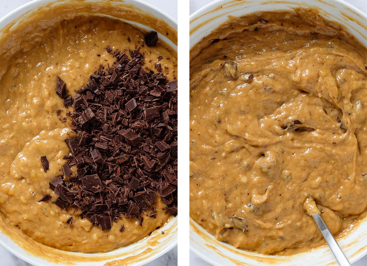 Muffin batter in a white bowl with added chopped chocolate before and after being folded in.