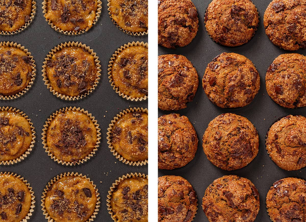 Chocolate chunk muffins in a muffin pan before and after baking.