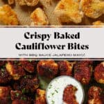 Baked breadcrumbed bbq cauliflower florets on a green plate with a small glass bowl of white dip in the middle with one floret dipped in it.