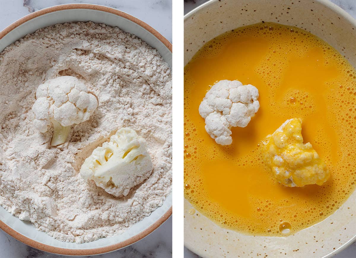 Two bowls, one with a flour mixture on the left and one with whisked egg on the right, each with two cauliflower florets.