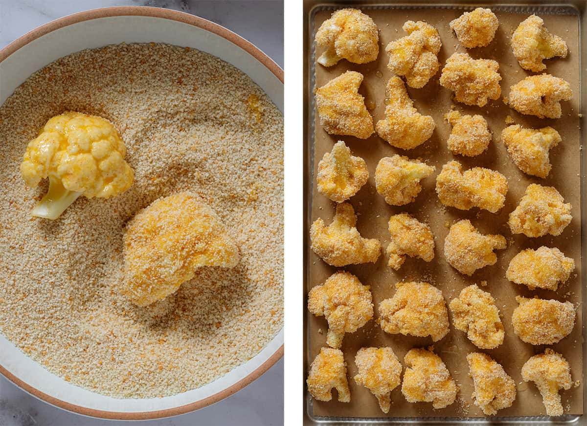 A white bowl with panko breadcrumbs and two cauliflower florets covered with egg mixture on the left and a large baking sheet with lots of breadcrumb covered florets on the right.