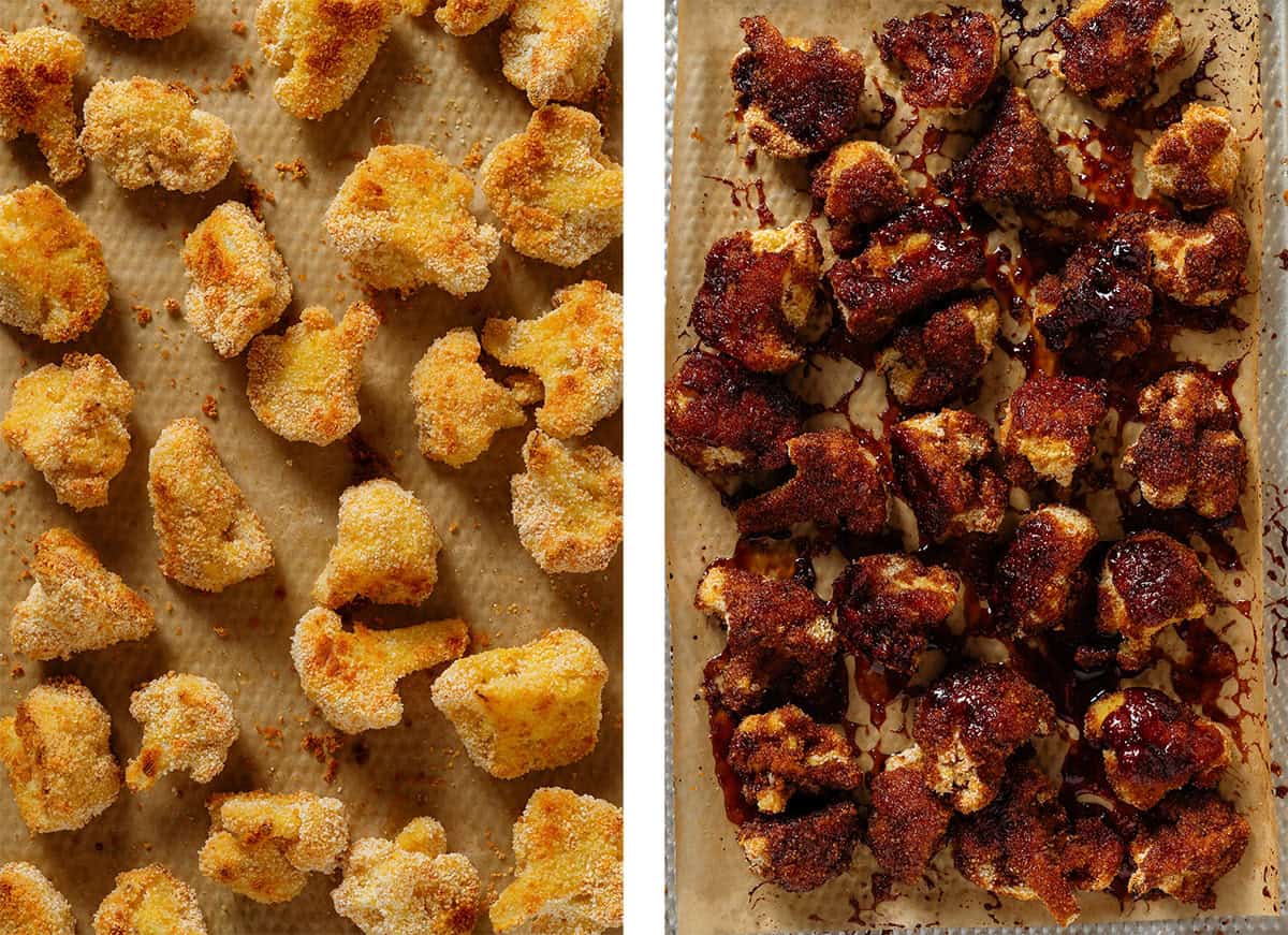 Golden baked cauliflower wings on a large baking sheet on the left and after tossing with BBQ sauce and baking for 5 more minutes on the right.