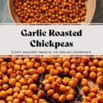 Golden crispy roasted chickpeas with spices in a brown low bowl.