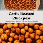 Golden crispy roasted chickpeas with spices in a brown low bowl.