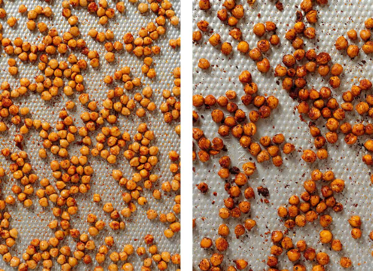Cooked chickpeas with spices and oil on a baking sheet before and after roasting.