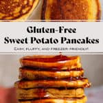 Sweet potato pancakes cooking in a pan and a stack of the pancakes being drizzled with maple syrup on a small white plate on the bottom.